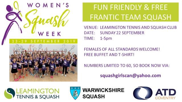 Calling on all women squash players to join us in celebrating the start of Women’s Squash Week on 22 September. Thanks to Automotive Trim Developments Ltd we’re delighted to make this a totally free event, so don’t delay book today!
