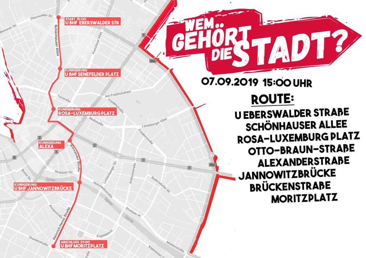 WGDS_Tanzdemo's tweet photo. Für alle Orientierungsprofis hier die Route der Demo! An jedem Stop (die roten Felder rechts) gibt es 1-2 kurze Redebeiträge, z.B. von @dwenteignen, der @Potse_Berlin  oder #ExtinctionRebellion. Moderiert von Berlin-Ikone Leto van Long! #miethaiewegbassen #wgds19 #tanzdemo https://t.co/cz4ljmOP7n