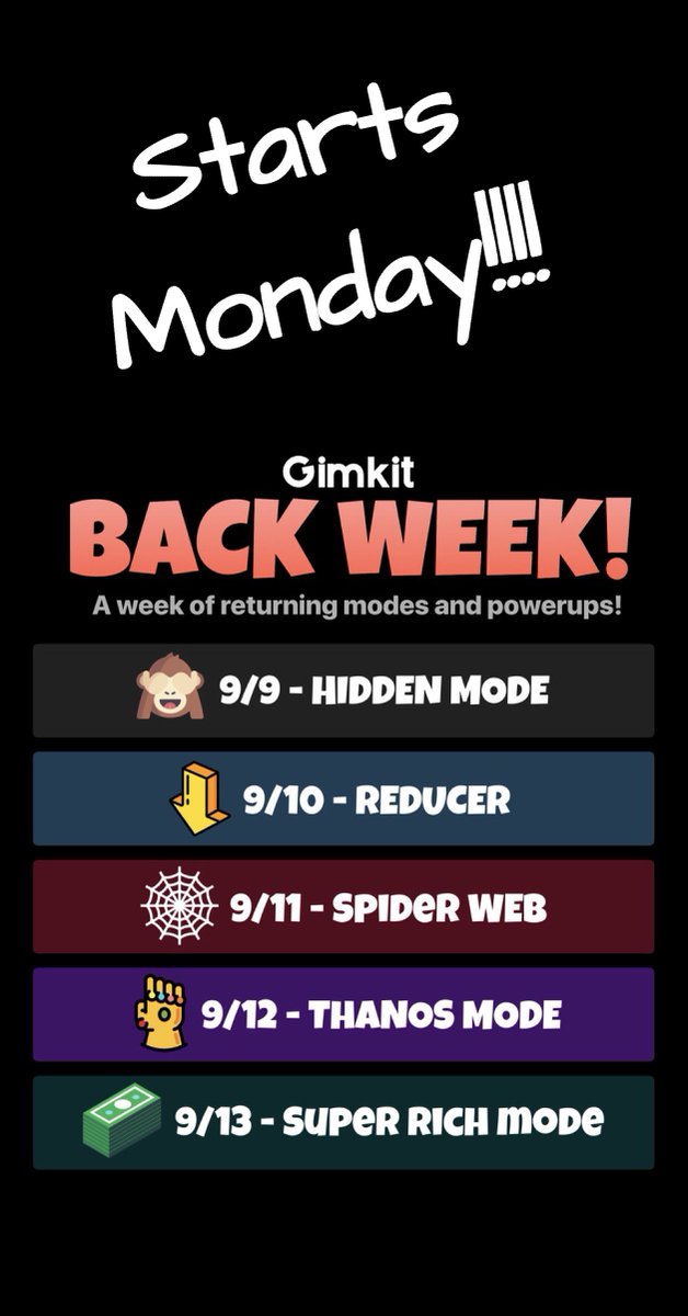 gimkit's tweet image. 🙈Be a Hide N Seek Champion...
👇 Reduce the Competition...
🕸️Celebrate "Webs"day...
👿 Balance the Universe...
💵 and Make it Rain!
All in a single week....