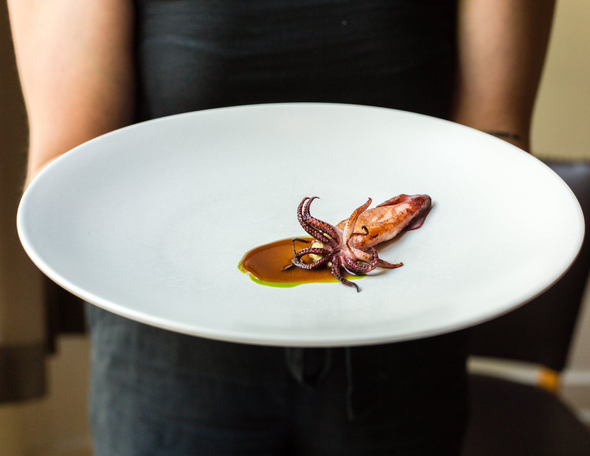 Grilled squid, black allium jus, basil oil, garlic aioli