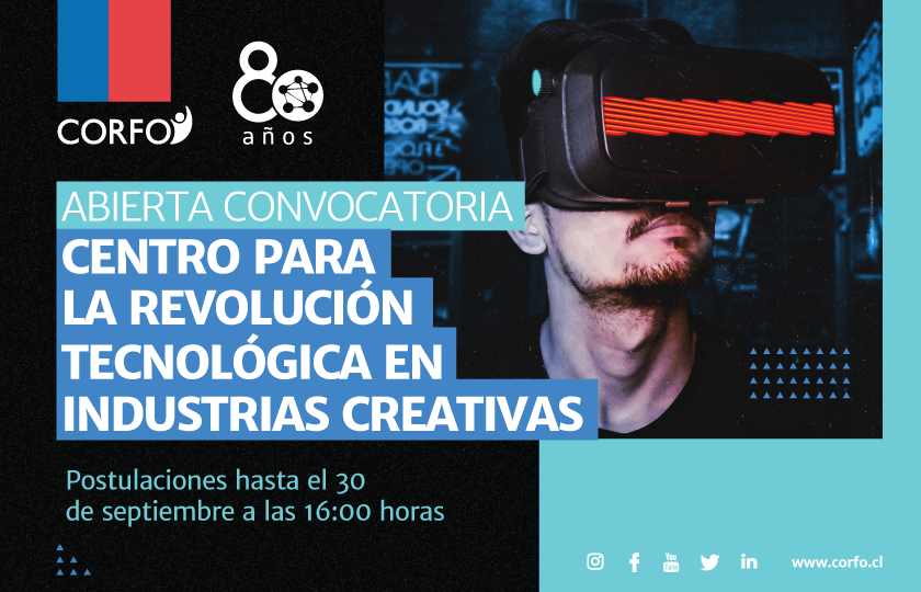Corfo's tweet photo. Está abierta la convocatoria para la creación del Centro para la Revolución Tecnológica de Industrias Creativas. Postula hasta el 30 de septiembre 🚀🇨🇱 https://t.co/GiZsw0ujGA https://t.co/AW2whqZE2n
