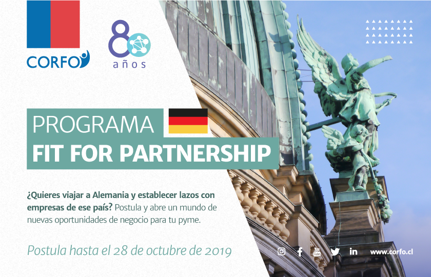 Corfo's tweet photo. Tienes hasta el 28 de octubre para postular a #Fit4Partnership, un programa orientado a Pymes de Chile enfocado en la  capacitación y generación de negocios en Alemania.  Conoce los detalles 👉 https://t.co/UhWioNRgs6 🇨🇱🇩🇪 https://t.co/JhyOv2zVi5