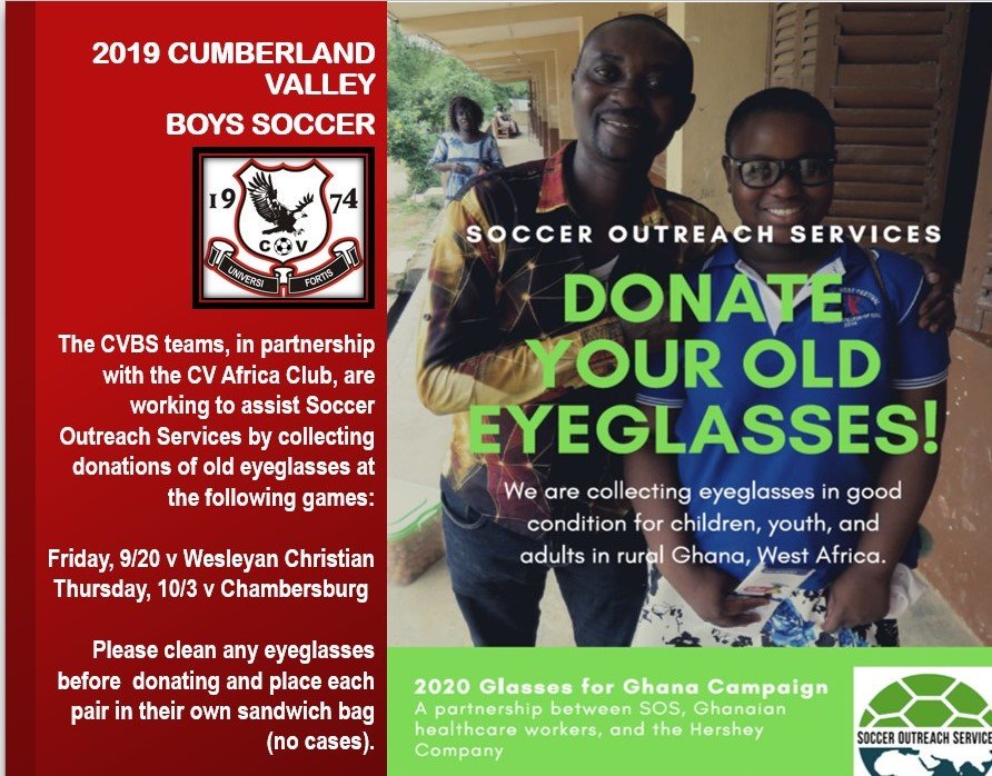 CVEaglesSoccer's tweet photo. Start your fall🍁 decluttering. Together with the CV Africa club, old prescription eyeglasses👓 are being collected by @CVEaglesSoccer for @Soccer_SOS. Collections at the 9/20 game v Weslyan Christian Academy and the 10/3 game v @cashsboyssoccer . 🦅🔴⚫️⚪️⚽️ https://t.co/FJRSGJowPf
