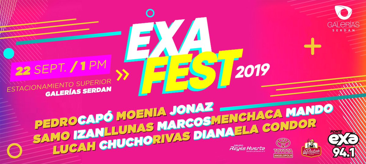 El #EXAFest es completamente GRATIS este Domingo 22, música de <a href="/pedrocapo/">Pedro Capó</a> <a href="/MoeniaMx/">MŒNIA</a> <a href="/eljonazty/">Jonaz</a> <a href="/SAMOALLSTAR/">SAMO</a> <a href="/izanllunas/">IzanLlunas</a> <a href="/marcosmenchac/">MARCOS MENCHACA</a> <a href="/musicmandomx/">Mando</a> <a href="/LucahOficial/">LUCAH</a> <a href="/chucho_rivass/">Chucho Rivas</a> <a href="/DianaElaoficial/">Diana Ela</a> <a href="/CondorMusica/">Cóndor</a>