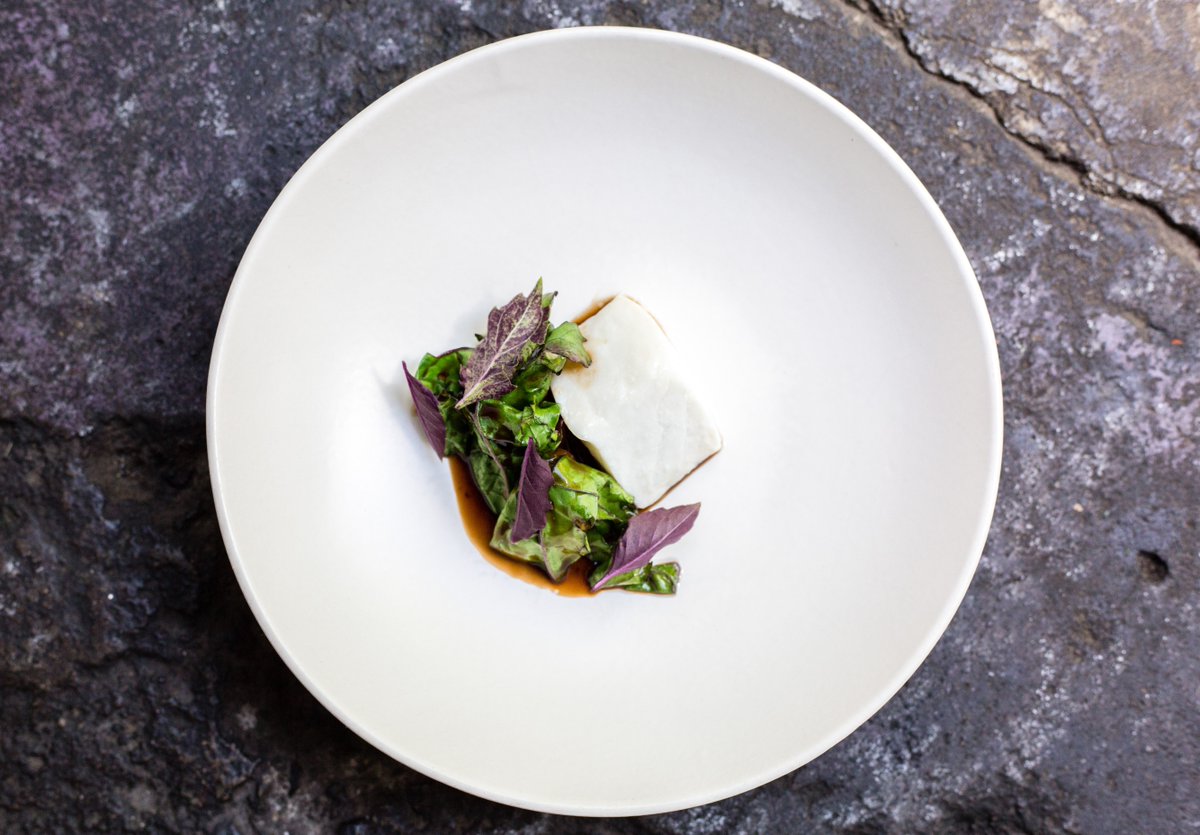 Salish halibut, gently steamed in wild ginger, tomato and kale, sauce blanchette, and opal basil from the garden