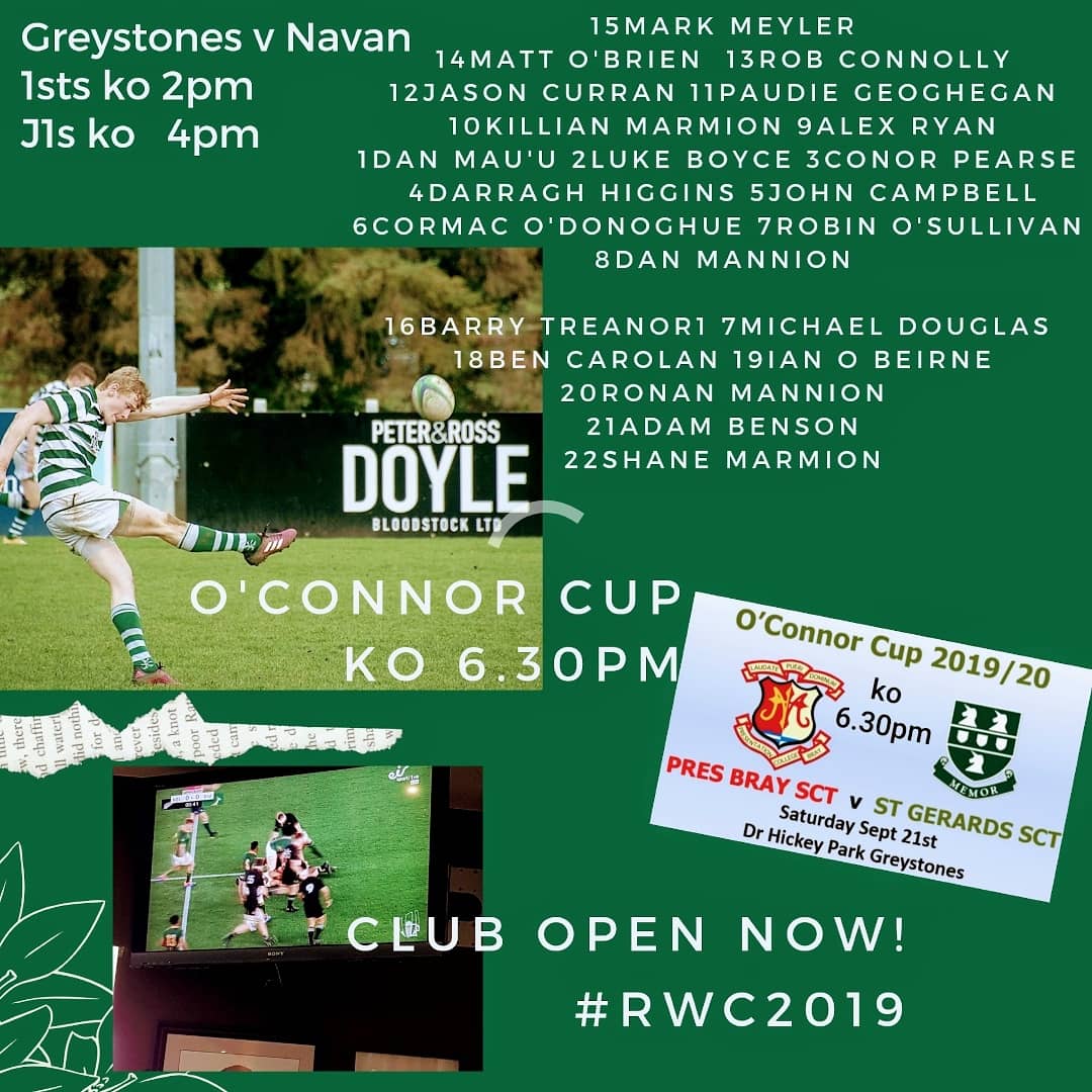 GreystonesRFC's tweet photo. #grfClub is OPEN! #NZvRSA is on the screen, the pastries are out and here's the #grfcFirsts squad led club captain @killian_marmo in the 2pm ko v @navanrfc
πJ1s v Navan at 4pm
πO'CONNOR CUP
@pres_bray v @stgerardssch
π5pm JCTs π 6.30pm SCTs. #supportourteams https://t.co/LW4qxDDmKM