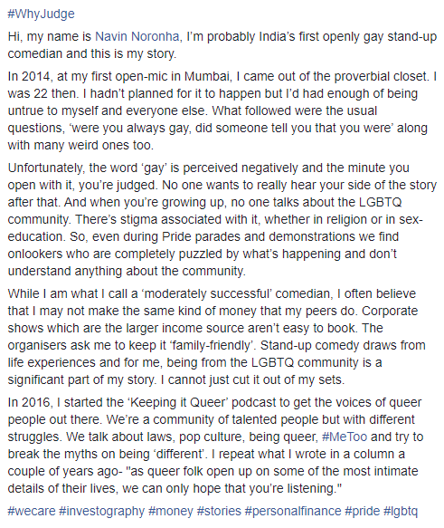 I4Investography's tweet photo. #WhyJudge

Hi, my name is Navin Noronha (@HouseOfNoronha), I’m probably India’s first openly gay stand-up comedian and this is my story. 

https://t.co/QCSHEBpj7y

#wecare #investography #money #stories #personalfinance #pride #lgbtq https://t.co/zGwJ0ZsX8c