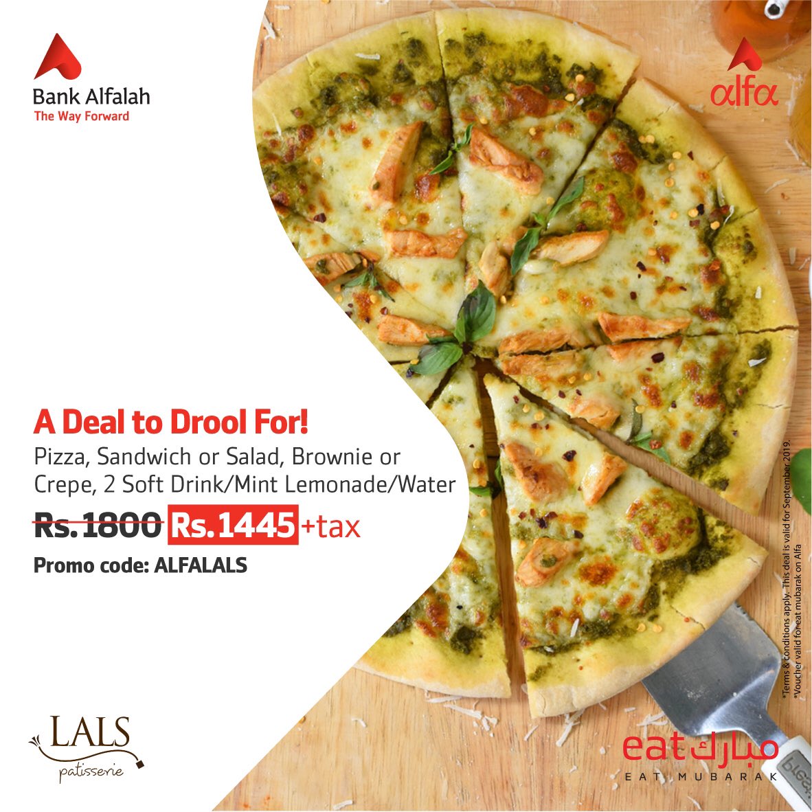 Bank Alfalah A Twitter Drool Over A Meal From Lals Order A Pizza Sandwich Or Salad Brownie Or Crepe 2 Drinks Of Your Choice For Rs 1445 Plus Tax Only When Your