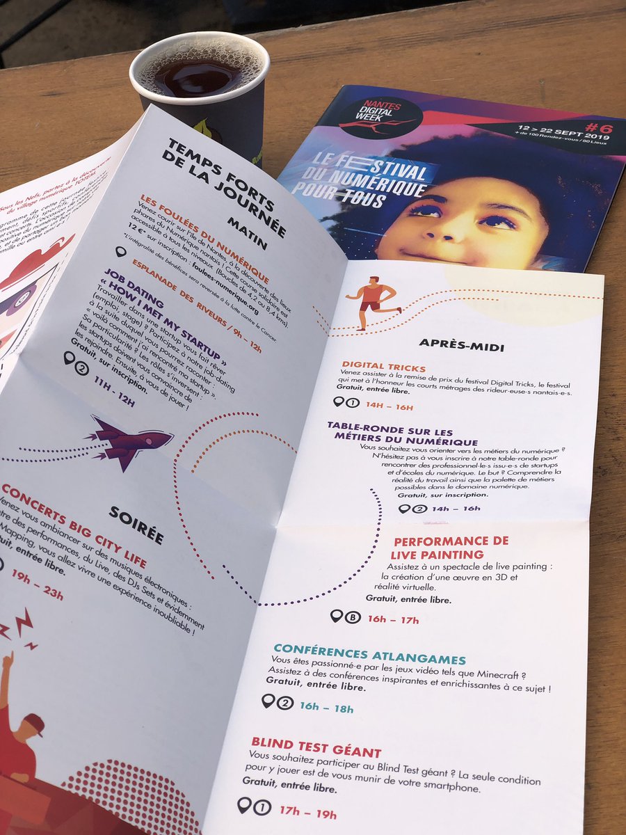 NantesMetropole's tweet photo. Voici le programme de l’après midi et de la soirée. Objectif : venir découvrir le numérique dans cet évènement ouvert à tous et gratuit 👩‍💻👦👵👨 #NantesDigitalW https://t.co/9tUimK8peI