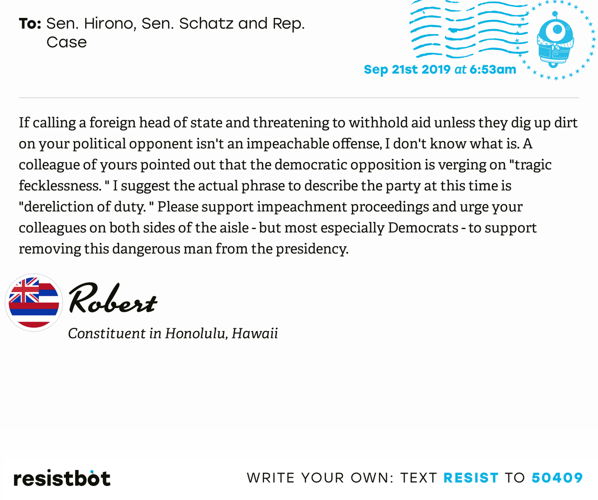 openletterbot's tweet photo. I just delivered this letter from Robert in Honolulu, Hawaii to @MazieHirono, @SenBrianSchatz and @RepEdCase #HIpols #HIpolitics #Impeach https://t.co/4ZWSp2g9IX