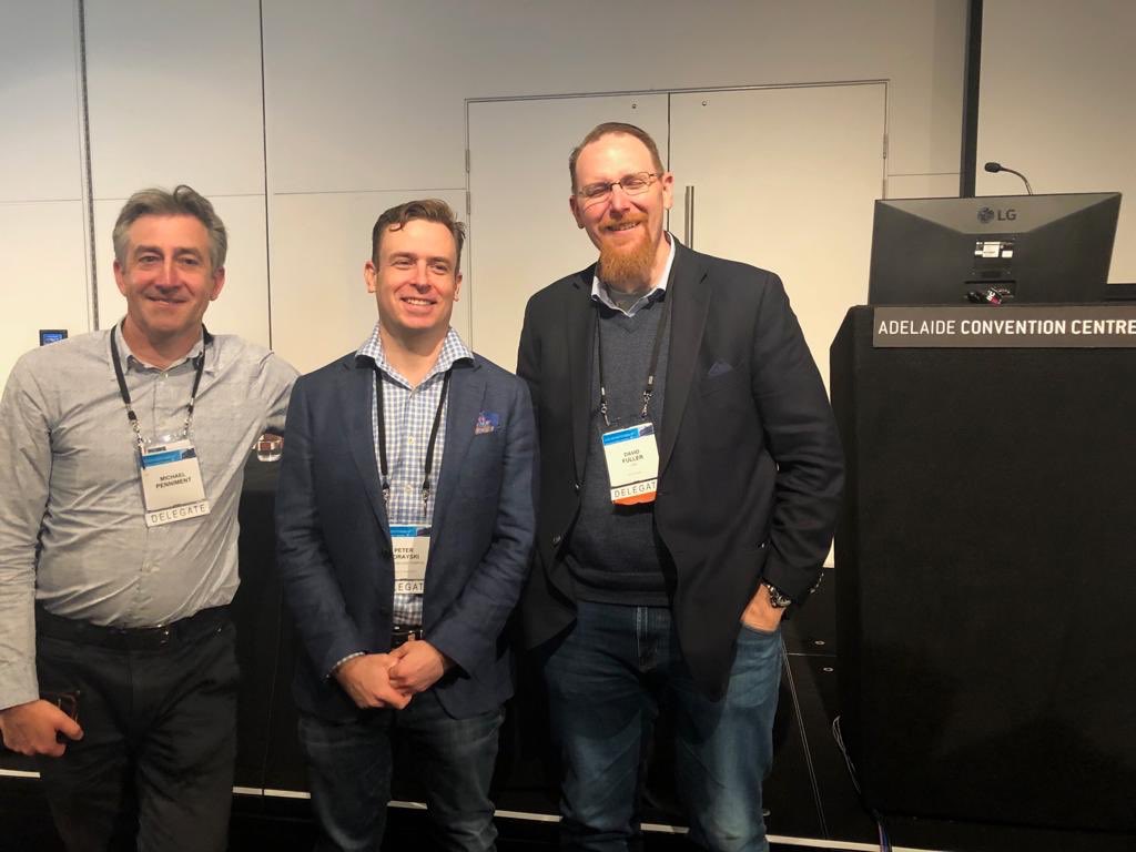 Professor Michael Penniment, Dr Peter Gorayski and Professor David Fuller (@cd_fuller) after his lecture on Oroton therapy and acknowledging Adelaide’s connection with Nobel prize winners from Bragg family. <a href="/anzhncs/">ANZHNCS</a> #ANZHNCS19 #HeadAndNeckCancer