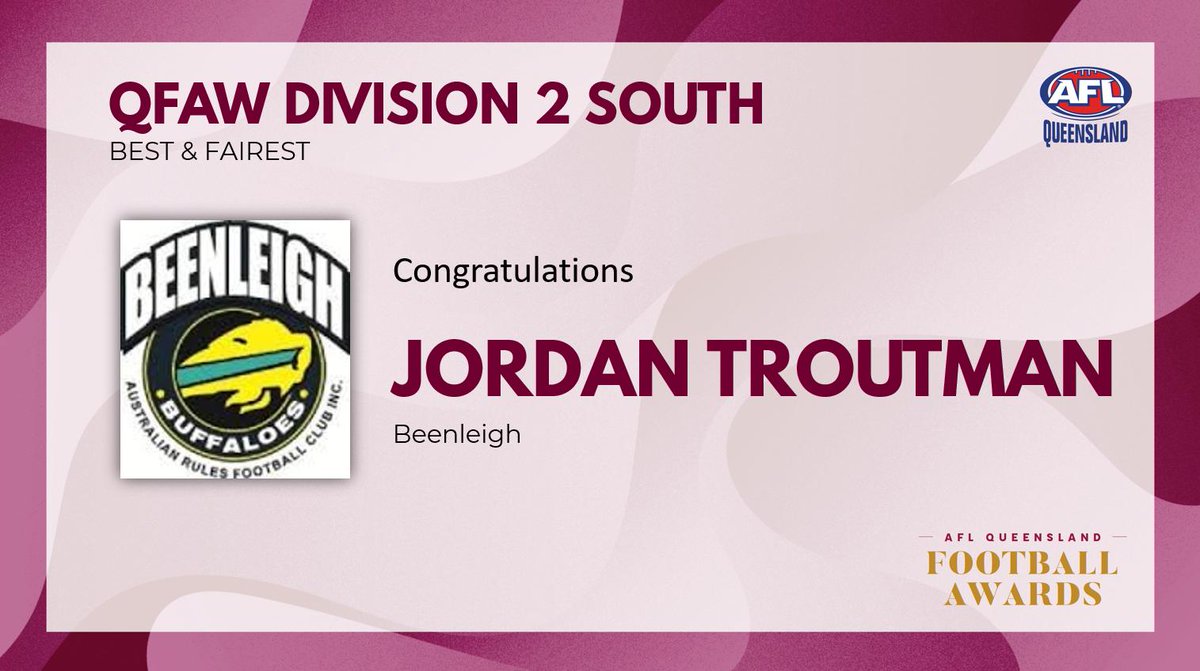 The QFAW Division 2 South Best and Fairest winner is... Jordan Troutman from Beenleigh!