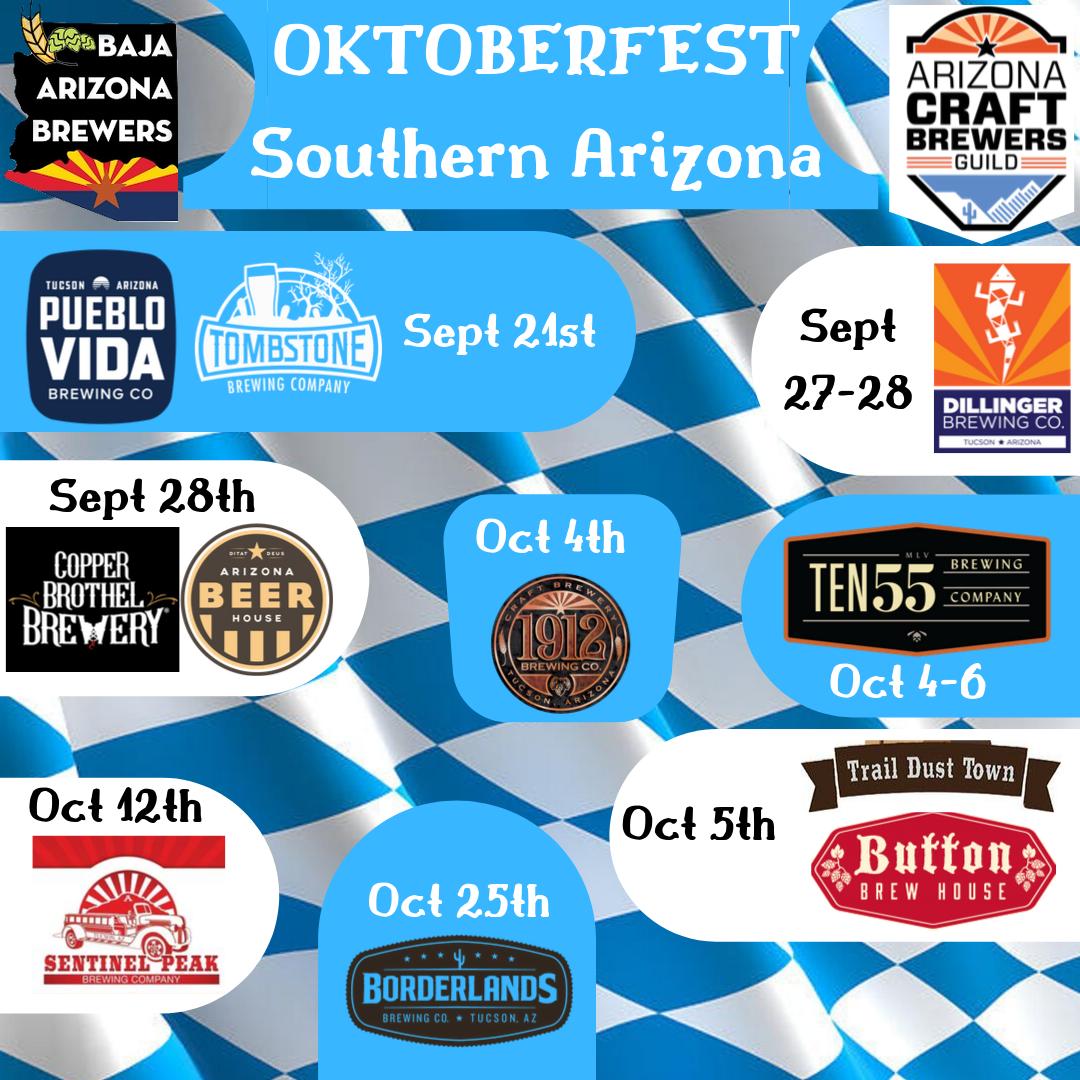 If you're in the Baja and are celebrating Oktoberfest, check out this schedule.
@PuebloVida @tombstonebeer @dillinger_brew  Copper Brothel Brewery @azbeerhouse @1912Brewing @Ten55Brewing @SentinelPeak @borderlandsbrew @ButtonBrewHouse 
Check the brewery twitter for more info.
