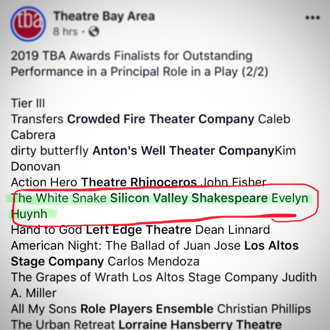 sleepyeve's tweet photo. So this happened while I was busy at work today... Thank you for the nomination @theatrebayarea !
ππππΌ
#theatrebayarea #tba #bayareatheatre #svshakespeare #vsshakes #thewhitesnake #teamgreenie https://t.co/0LFNnAN24B