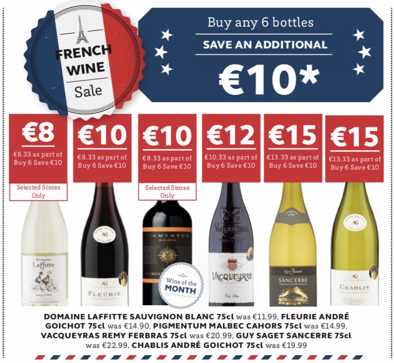 The quality <a href="/SuperValuIRL/">SuperValu Ireland</a> currently is off the charts. Gascony Sauv Blanc &amp; Malbec, Fleurie, Vacquayras, Chablis &amp; Sancerre as well as our WOTM a Cahors Malbec all superbly priced just for you. Plus or Any Buy 6 Save €10 / runs to the end of the event 👍 🇫🇷 🍷