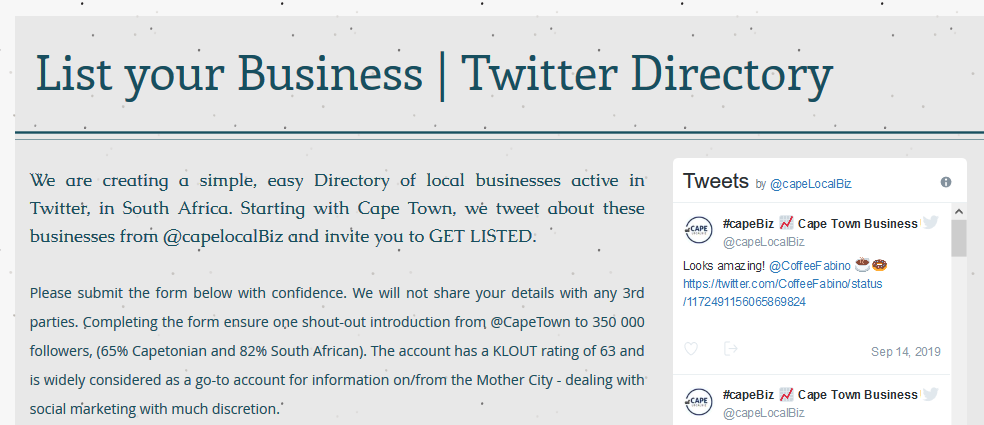 CapeTown's tweet photo. Do you have a Business located in #CapeTown?
And active in Twitter?

Consider Registering on our planned #Twitter Directory
Looking forward to tell Capetonians about your services! >> https://t.co/A3kgkQtrkM 

Follow @capeLocalBiz as well Please.. https://t.co/LcednBFzxW