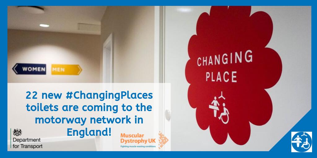 Today, we're pleased to announce the locations of the first 22 motorway services who will be installing #ChangingPlaces toilets thanks to funding from <a href="/transportgovuk/">Department for Transport</a>. Read more here ow.ly/wLf150whLvV