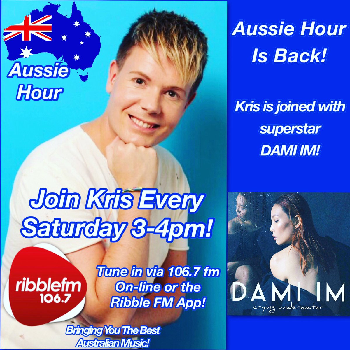 KrisCMeredith's tweet photo. Today is the day!!!! #AussieHour is back from 3pm UK time on @ribblefm
We have Dami Im herself and I bring you all her hits and new single #cryingunderwater
DO NOT MISS IT!๐
LISTEN HERE โก๏ธ https://t.co/Pp1Dtl48JU
or Via the Ribble fm App or the Tune In App! #DamiArmy #DamIm https://t.co/O2xEwZdF9c