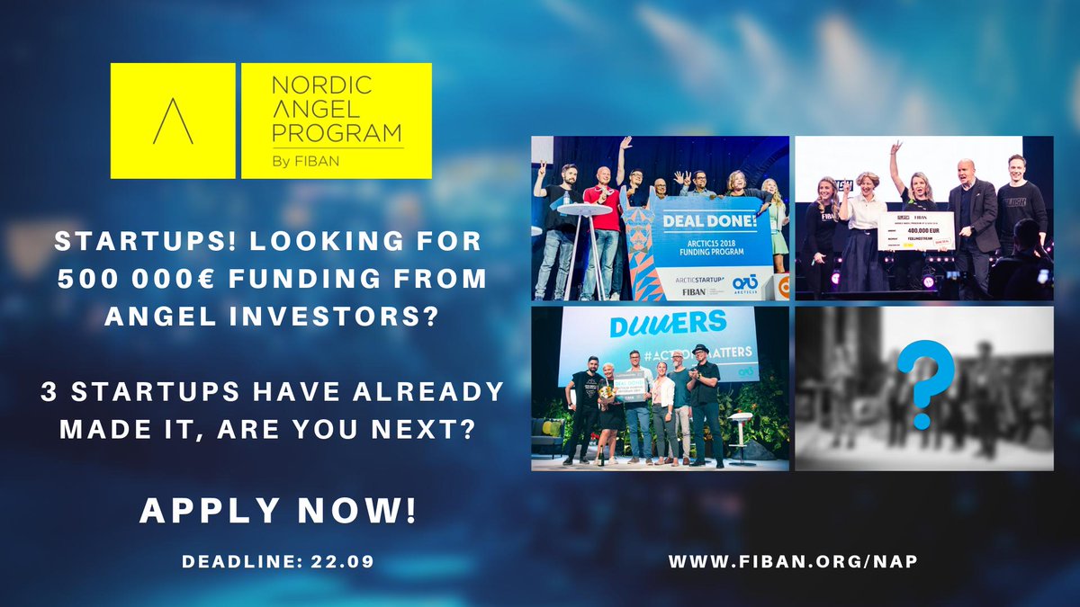 #Startups, now is the LAST CHANCE to apply for #funding from angel investors! Deadline is on Sunday 22.9. 

Why should you apply? 
✅Investment up to €500k
✅International angel investors to accelerate your growth
✅Visibility at <a href="/SlushHQ/">Slush</a> 

Apply now at slush.org/nordicangelpro…