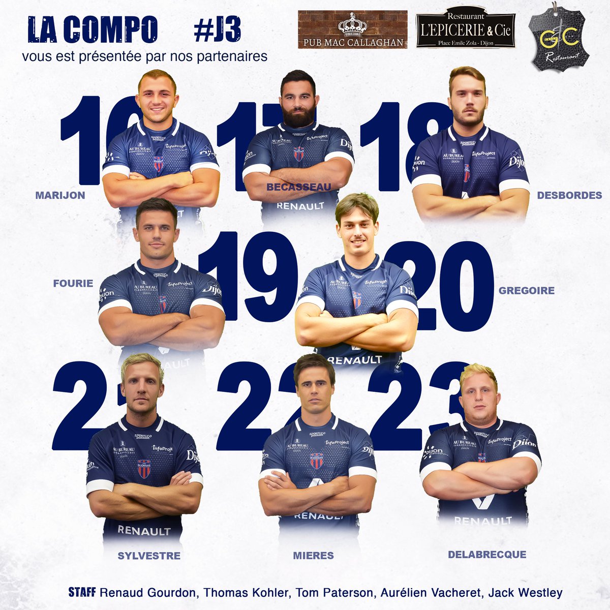 stadedijonrugby's tweet photo. 🔴🔵 COMPO D’ÉQUIPE 🏉
Parce qu’une bonne nouvelle n’arrive jamais seule, découvrez la composition d’équipe du @stadedijonrugby !
🗓Demain
🆚 #usIssoire
⏰15h
🏟 Stade du Mas
#stadedijonnais #dijon #rugby #lineup #compo #match https://t.co/DTj9x9GeTY