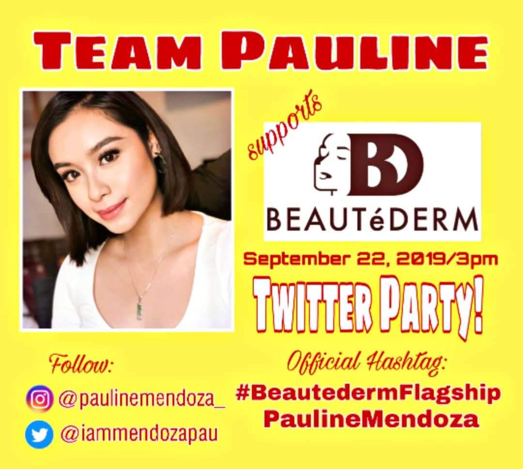 Team Pauline supports Beautéderm!  💛
Join us on our Twitter Party this Sunday,  September 22,2019 at 3pm! 
#BeautedermFlagship
PaulineMendoza