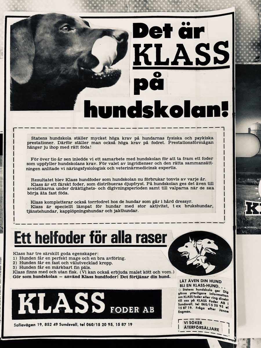 klassfoder's tweet photo. 🇸🇪KLASS🇸🇪historia - I vårt arkiv hittar vi en av våra tidiga prototyper för annons,denna från 1970-talet. 
Statens Hundskola var en av våra allra första kunder 1969 och sedan dess har allltjämt över tusentals tjänstehundsvalpar fötts upp på KLASS för att kunna prestera optimalt https://t.co/nEK1PFUqrc