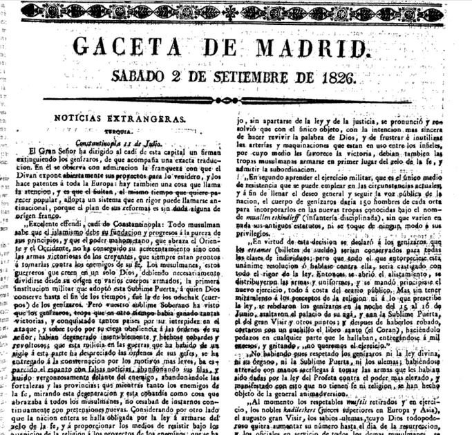 Ne ararken ne buldum: Madrid gazetesinde Yeniçeri Ocağı'nın kaldırılmasıyla ilgili bir haber.