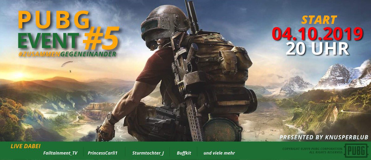 #PUBG Event #5 #ZusammenGegeneinander findet am 04.10. um 20 Uhr wieder statt! Mit dabei sind unter anderem <a href="/Failtainment_TV/">KuhMuhNistenführer He/him/cis/MUH/blub/Dinge</a> <a href="/princesscarli11/">Princess Carli1</a> <a href="/Sturmtochter_J_/">Sturmtochter_J</a> <a href="/Buffkit_tv/">Buffkit</a> . Zockt mit! Mehr Infos auf meinem Discord: discord.gg/D57PBCQ #TwitchDE #Twitch <a href="/PUBG_Soma/">Soma</a>