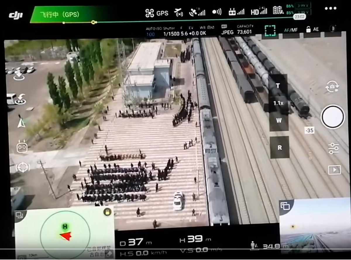 Firstly, let's look at the video. It shows a screen recording of a dji drone which has captured hundreds of detainees (presumably Uyghurs) being led off of a train, and lined up - freshly shaven, blindfolded and handcuffed - at a train station.