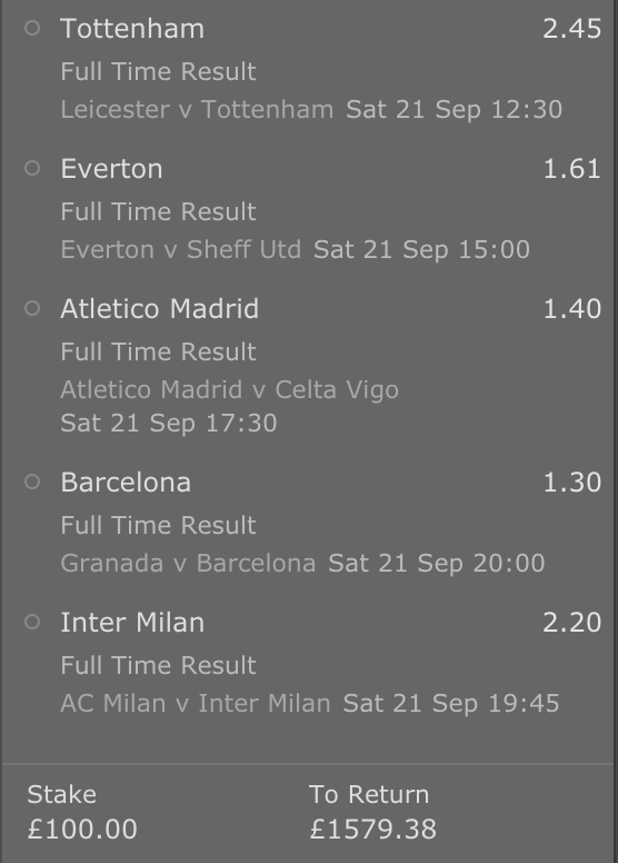 JamesMurphyTips's tweet image. ❗️ COMPETITION ❗️

RETWEET🔁 this tweet and if Spurs, Everton, Atletico, Barca &amp;amp; Inter win today, one lucky person who's retweeted will get the entire winnings of this bet - over £1500!

Must be 18+ and following this account to enter.

Let's do this!