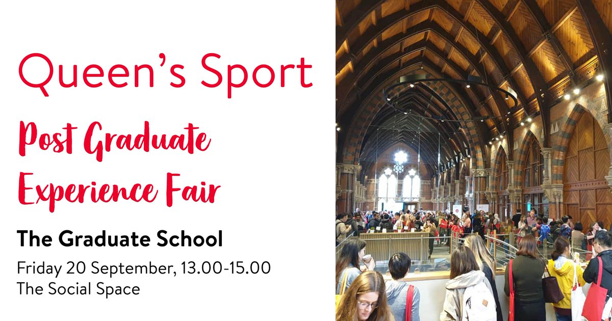 QueensSport's tweet photo. Join @QueensSport tomorrow at @qubgradschool for their Postgraduate Experience Fair.
Your chance to find out about the variety of facilities and support available for postgraduate students.
Call in any time between 13.00 and 15.00!
#LoveQUBSport #GradSchoolRocks https://t.co/3yOnMExG08