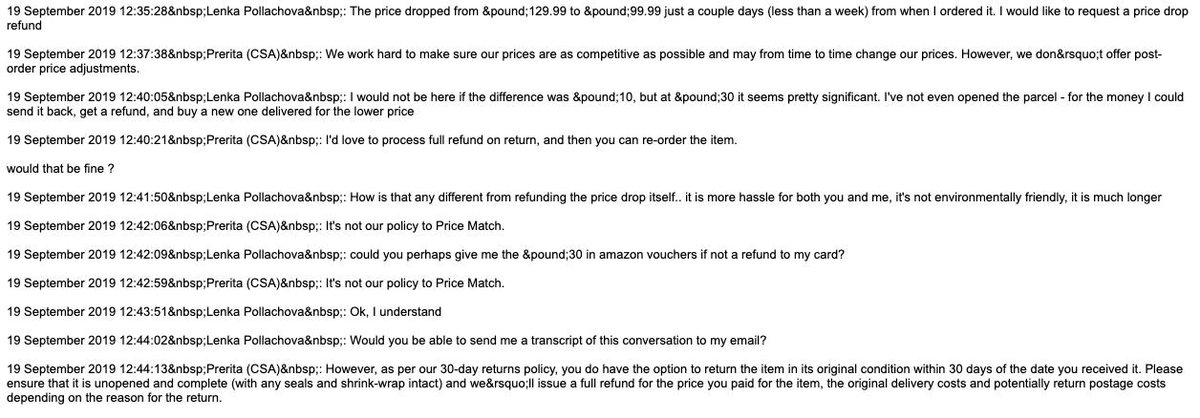 lenka_pollach's tweet photo. @AmazonUK @AmazonHelp the price on item I ordered few days ago dropped by almost 25%. Reach out to support to match the price drop and they actually suggested I send the item back &amp; order a new one at the lower price. How does that make any logistical or environmental sense. https://t.co/kjdQi3okIK