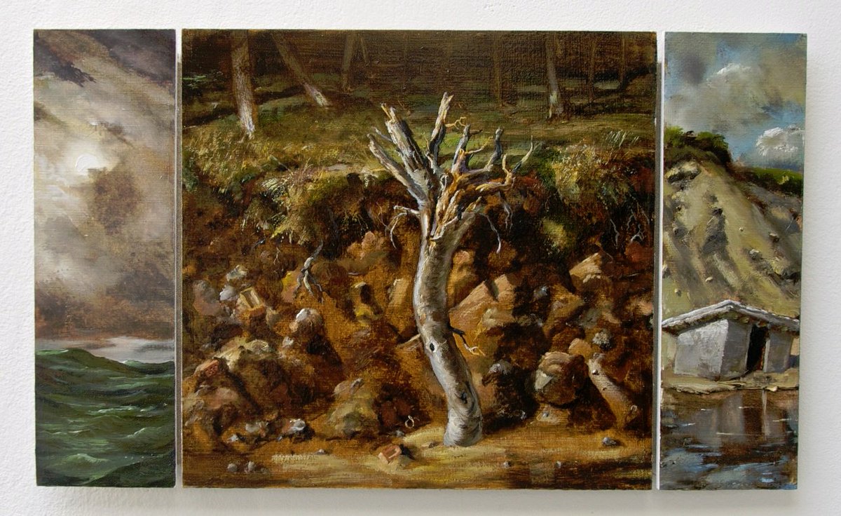 AustinDesmond's tweet photo. Exhibition | Julian Perry: Where Grew the Tree | 11 October – 4 November 2019 | Disintegration, loss and the tragedy of Climate breakdown provide the context and inspiration for the artist’s haunting new paintings | Image: Coastal Triptych 2019 https://t.co/BoIotMW4Tp