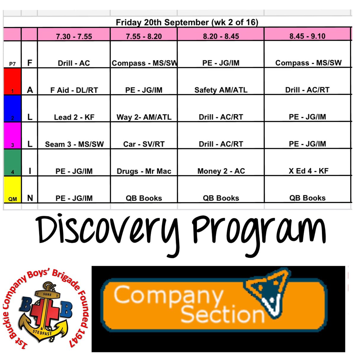 1stbuckiebb's tweet photo. #CompanySection Friday Night Discovery Program. Some of the classes our young people will be working on during our first block of classes on a Friday night at #1stBuckieBB #FaithInYoungPeople #LearnGrowDiscover #DiscoveryPrograme #BadgeWork #BoysBrigade @TheBBScotland https://t.co/PVLz5AJEop