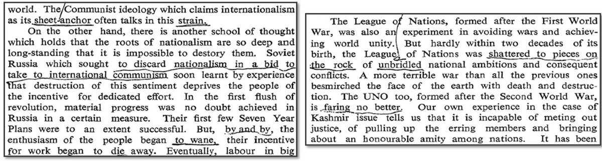 "Internationalism" / "Synthesis of National Aspirations & World Welfare" failed to get world unity, he says, citing Soviet Communism, League of Nations & UNO as case studies. Communism failed bcos Russian Nationalism trumped it & LoN/UN, due to unbridled national ambition.