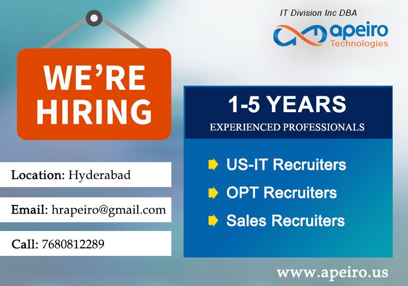 ApeiroTech's tweet photo. We are hiring US-IT Recruiters, OPT Recruiters, Sales Recruiters
If Interested send your Resumes to hrapeiro@gmail.com
#Recruitersjobs #jobs #jobsinhyderabad #ApeiroTechnologies
https://t.co/Xyr5lXTJv7 https://t.co/p3S9jCdjHI