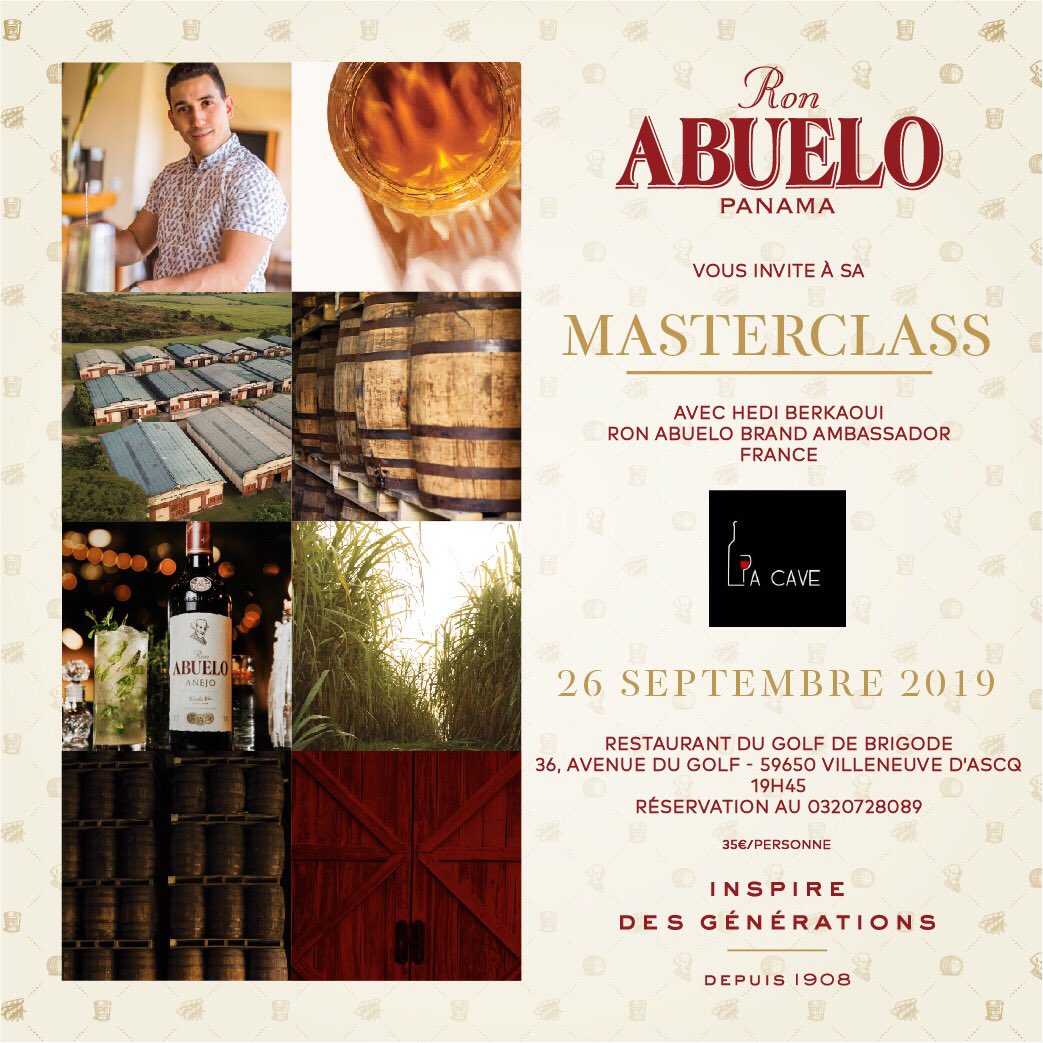🥃 MASTERCLASS ABUELO 🥃​

Votre ambassadeur Hedi pose ses valises à Villeneuve-d'Ascq le jeudi 26 septembre. Rendez-vous à La Cave pour une animation inédite, accompagnée d'accords gourmands préparés par le chef du restaurant 🇵🇦

Par ici 👉 facebook.com/15403358296299…