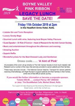 PinkRibbonWalks's tweet image. Guests at our 'Legacy Lunch' in Headfort Arms Hotel Kells at 2pm on Friday October 11th will enjoy fine food, live entertainment and raffle and raise money for Irish Cancer Society. Visit pinkribbonwalk.ie/blog or buy tickets from Penny (087 205 5322) or Jess in BOOKMARKet Café.
