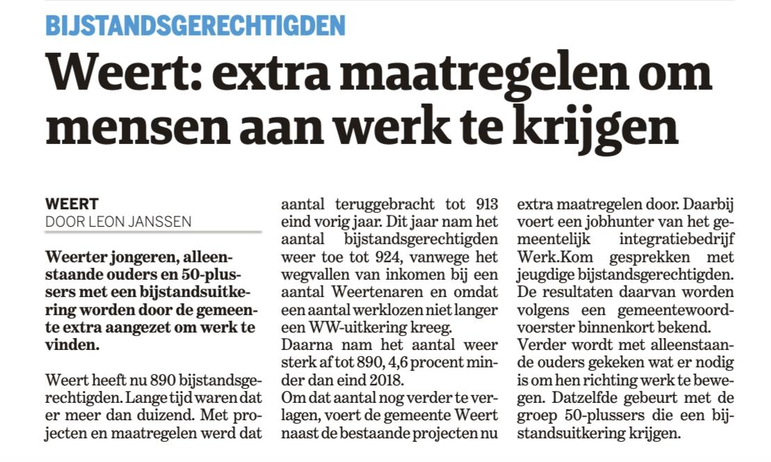 Vandaag een #artikel in <a href="/delimburger/">De Limburger</a> . Weerter jongeren, alleenstaande ouders en 50-plussers met een bijstandsuitkering worden door de gemeente en ons extra aangezet om werk te vinden.

#participatie