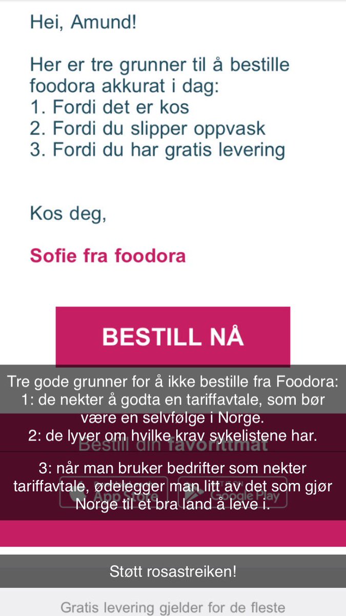 Jeg lover å bestille mat fra Foodora når tariffavtalen er i boks. Inntil da, lager/henter jeg maten selv. <a href="/foodora_no/">foodora Norge</a> <a href="/rosastreiken/">Rosastreiken</a>