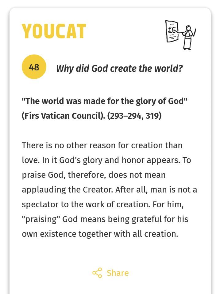 racky01's tweet photo. Why did #God #create the #World? #YOUCAT @youcat #CatholicCatechism #YoungCatholics #CatholicYouth #YouthCatechism #CatholicTwitter #JesusYouth #CatholicChurch #faith #CatholicEdChat https://t.co/UFng4x9loO