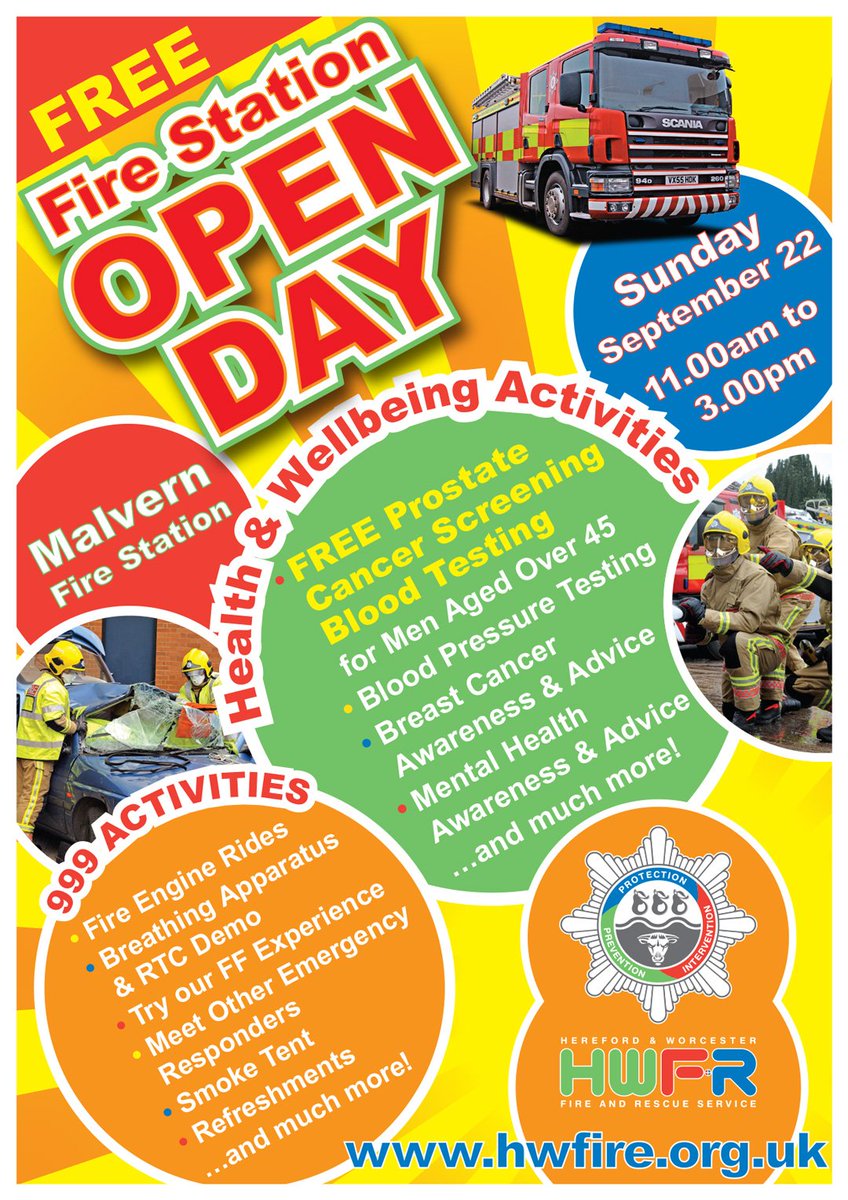 Calling all men over 45! There's a free chance to have a prostate cancer blood screening test at Malvern Fire Station open day on Sunday. #MalvernHour