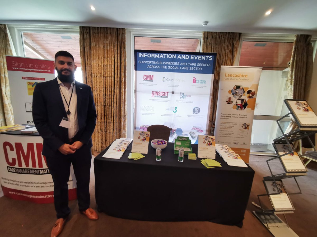 cmm_magazine's tweet photo. Looking proud of his very tidy stand, Mus from @CareChoicesLtd is ready to meet everyone at #CMMInsight - he also has a box of @theCAREbadge if you need one to show your support #socialcarematters @LancsCareAssoc https://t.co/Om4G6ER3V7
