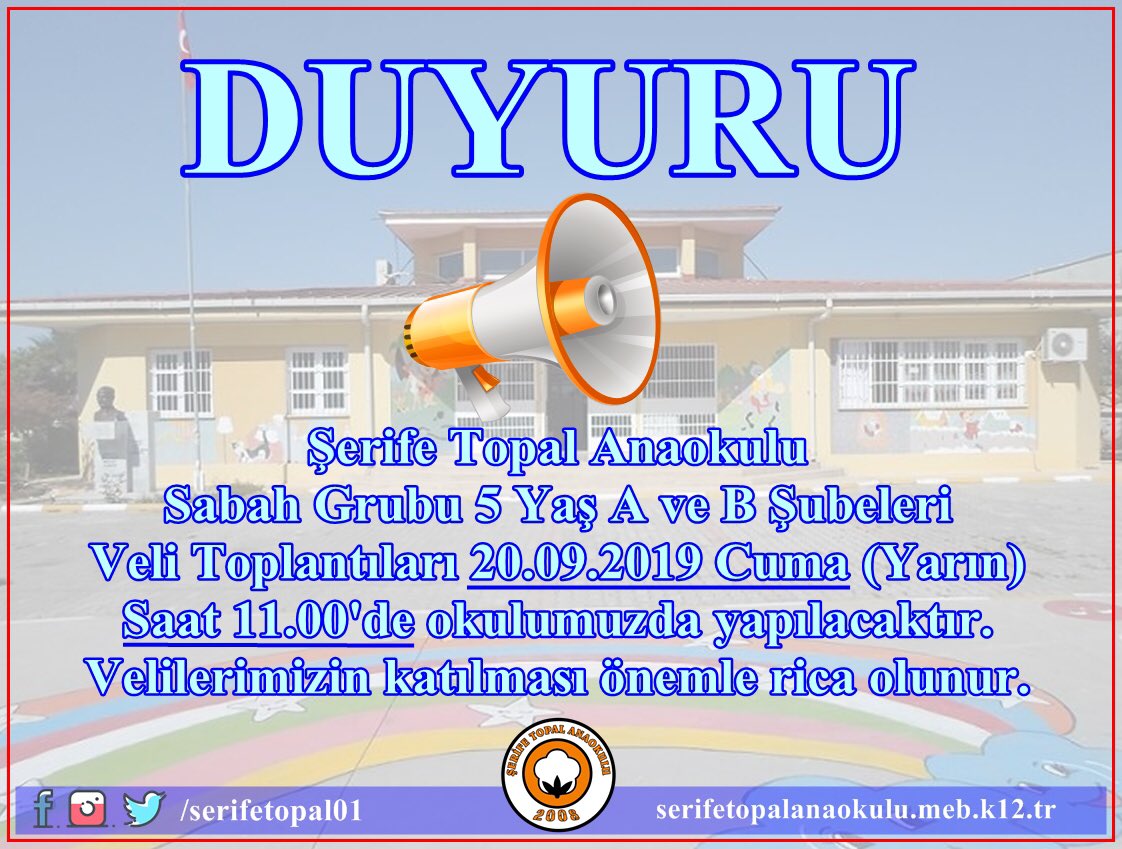 serifetopal01's tweet photo. 5 Yaş Grubu A ve B Şubeleri Veli Toplantıları yarın saat 11.00’de okulumuzda yapılacaktır. https://t.co/1ZY3RoRoaX