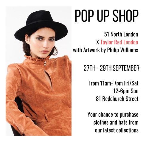 TaylorRedLondon's tweet photo. Interested in getting a bespoke Taylor Red hat made? Come and talk to me in person next week at my pop up shop in Shoreditch.... https://t.co/7tzhZgAKA1