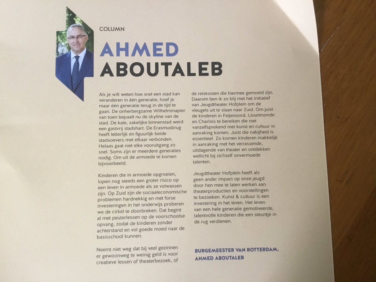 Mooie column Bgm Aboutaleb over <a href="/JTHofplein/">Jeugdtheater Hofplein</a> 
armoede, kinderen, cultuur en ook letterlijk afstand overbruggen