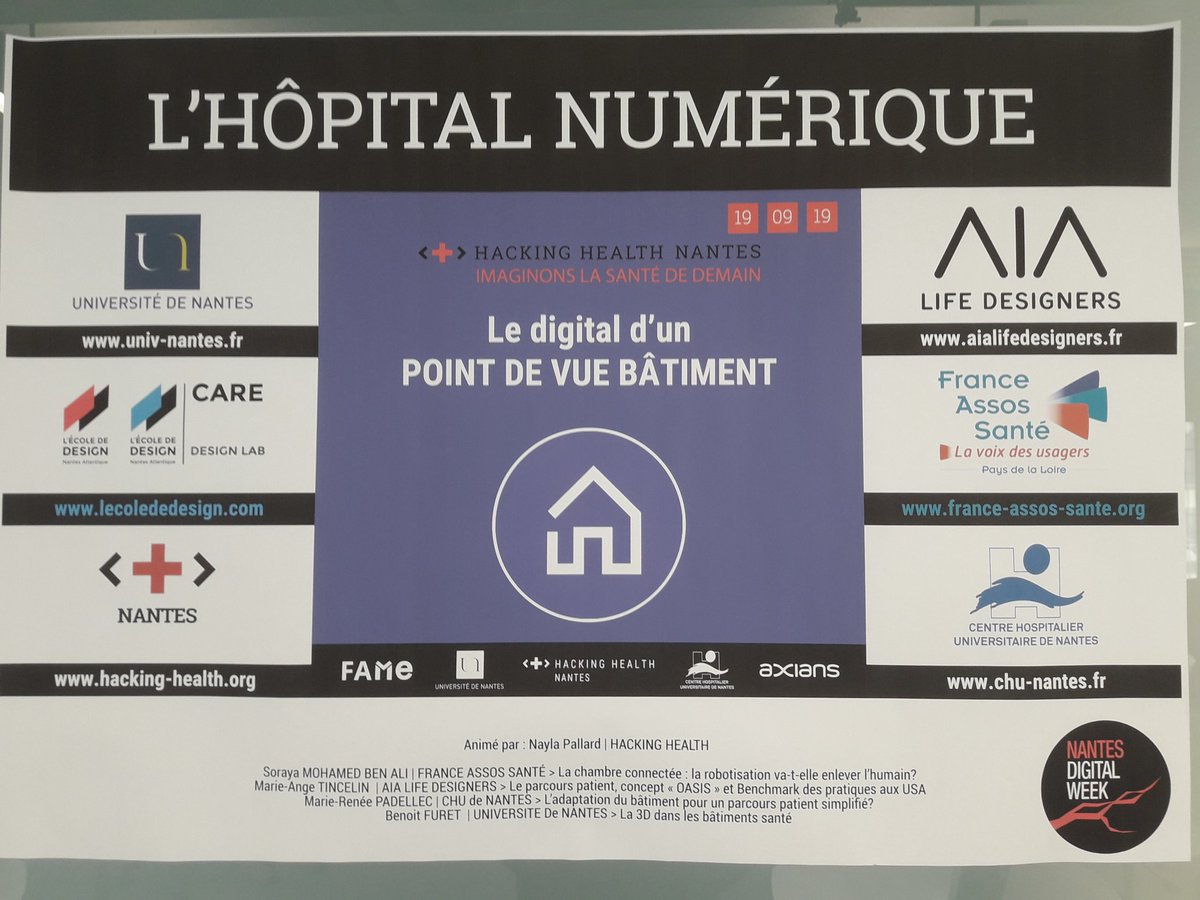benoit_furet's tweet photo. Démarrage de la Conférence #Hopital_numerique dans le cadre de la @NantesDigitalW organisée par l' #isite_next @FameNantes @UnivNantes @LaboLS2N 
J'interviens sur la 3D dans les bâtiments de Santé 
C'est le premier événement de la Halle 6 avant la fête de ce soir https://t.co/rH5bqCo51C
