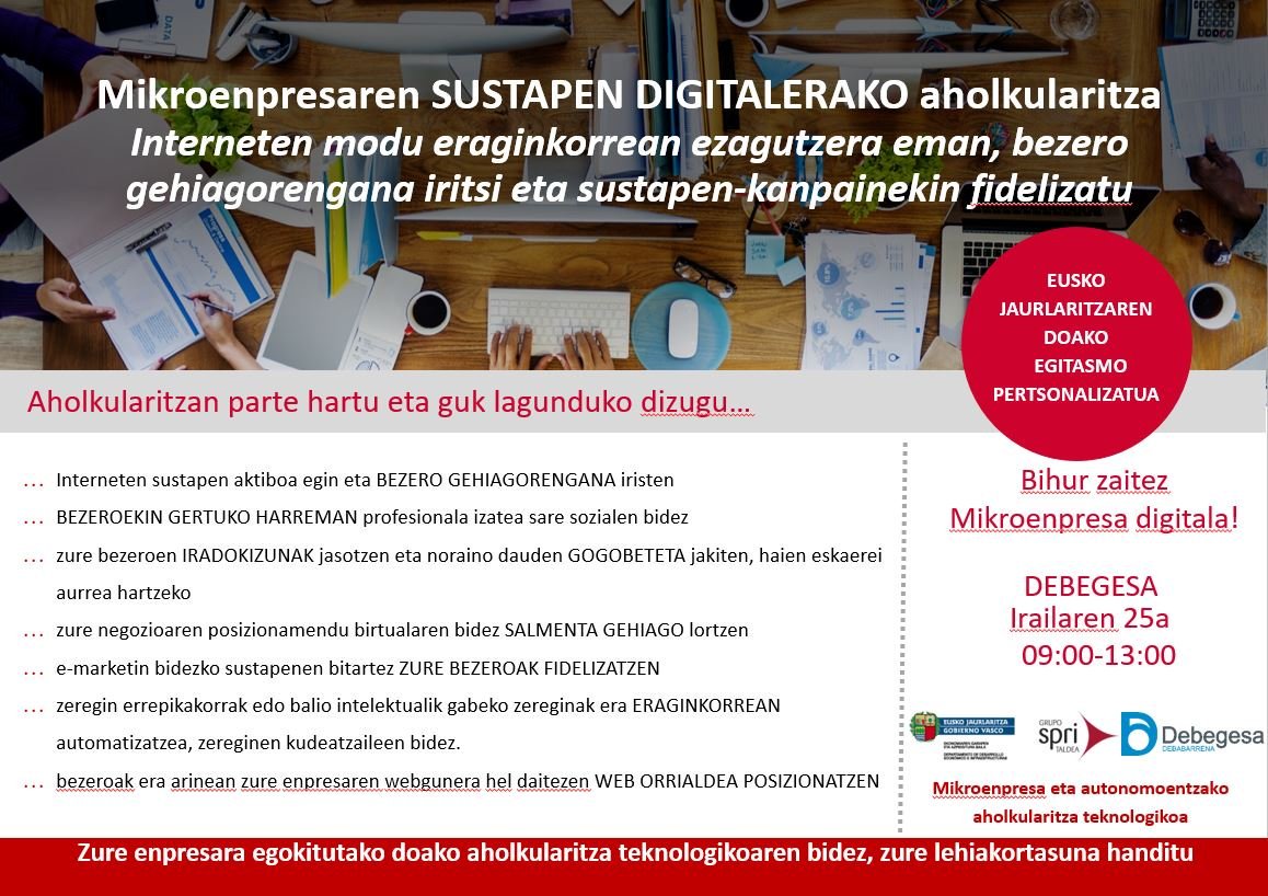 ekinean's tweet photo. [IKASTAROA] Mikroenpresaren Sustapen Digitalerako aholkularitza
📍 Debegesa (Azitain Industrialdea 3 Bis, Eibar)
📅 Irailak 25
⏰ 09:00-13:00
💰 Dohainik
✍ Izena-emateko: https://t.co/Li2jXZDmDx
Informazio gehiagorako:
📞 943 82 01 10
📩 ekintzaile@debegesa.eus https://t.co/dKd6w1vX6r
