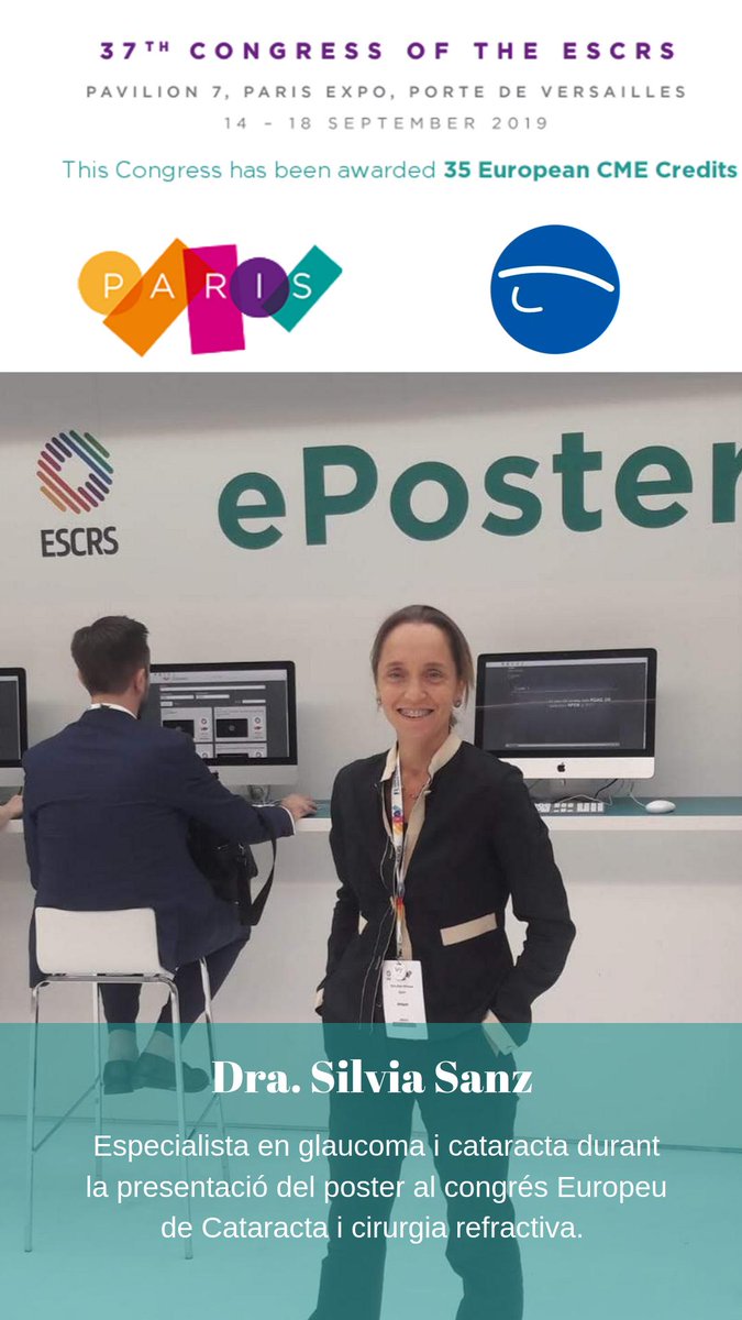 Oftalpilar's tweet photo. La Dra. Silvia Sanz, especialista en #glaucoma i #cataracta a @oftalpilar, durant la presentació del poster al congrés Europeu de Cataracta i Cirurgia Refractiva, ESCR. #oftalmologia #barcelona https://t.co/drSJvm5GsD