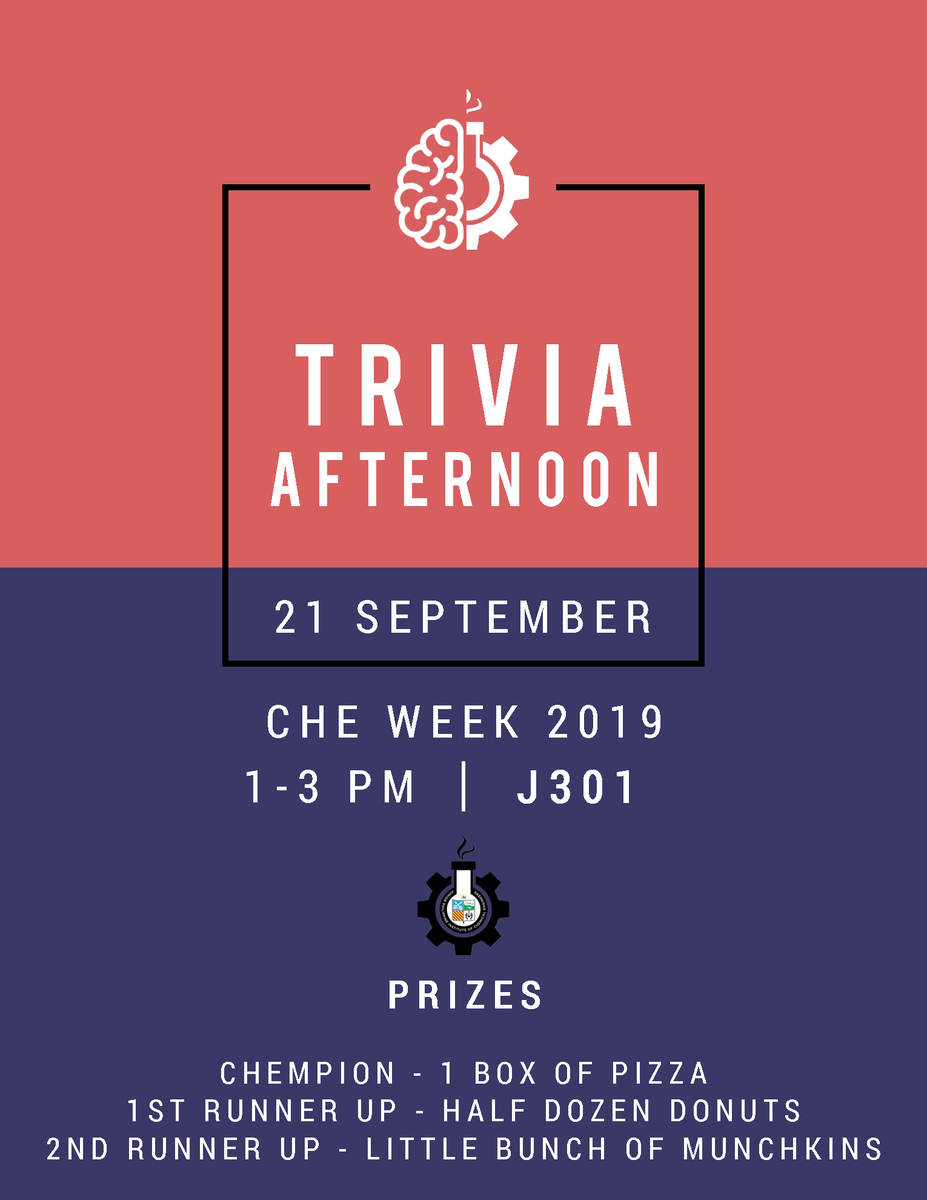 addujpiche's tweet photo. Let's end our CHE Week 2019 together! Join us for our culminating activities. Trivia Afternoons, Karaoke Challenge and Boodle Fight!π‘π€π΄ See you at J301 this September 21,1-6PM as we close the 14th Chemical Engineering Week! π #CHEWeek2019 https://t.co/w71cKBb0Jw